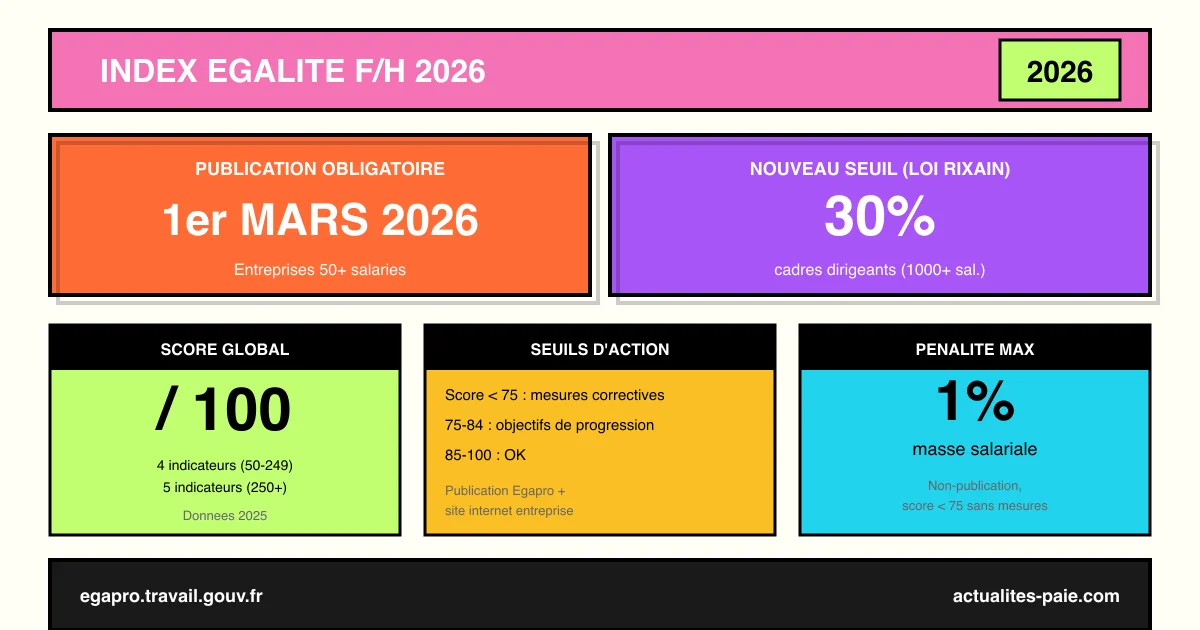 Index égalité femmes-hommes 2026 : publication, seuil 30% et sanctions