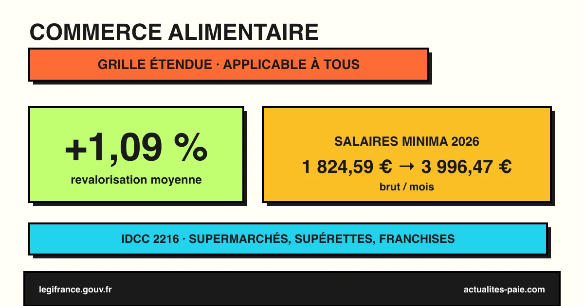 Commerce détail gros prédominance alimentaire IDCC 2216 minima 2026 étendus